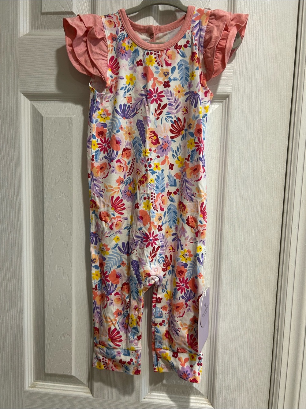 Loulou Lollipop Girls Floral Romper with Pink Ruffle Sleeves